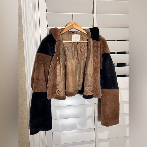 Altar'd State Patchwork Faux Fur Jacket - Black and Brown - Picture 3 of 4